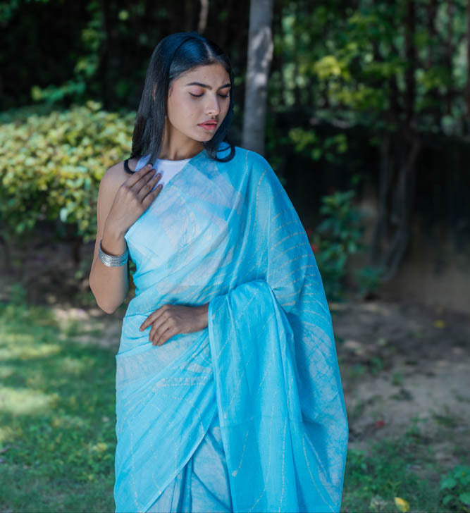 Sky Sorbet - Blue Batik Pure Mulmul Cotton Saree