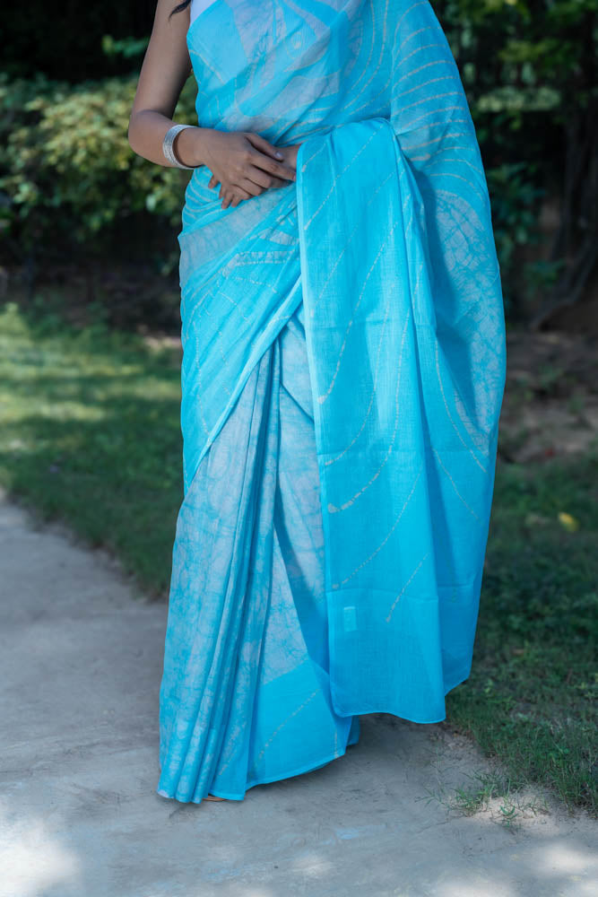 Sky Sorbet - Blue Batik Pure Mulmul Cotton Saree