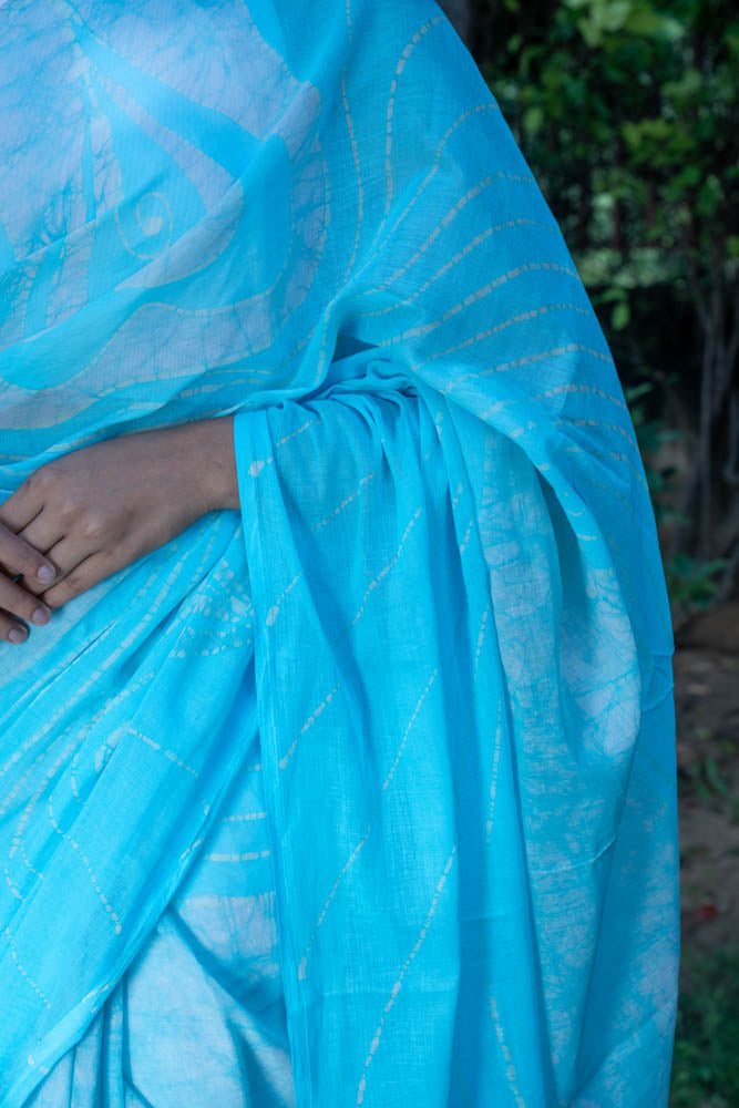 Sky Sorbet - Blue Batik Pure Mulmul Cotton Saree