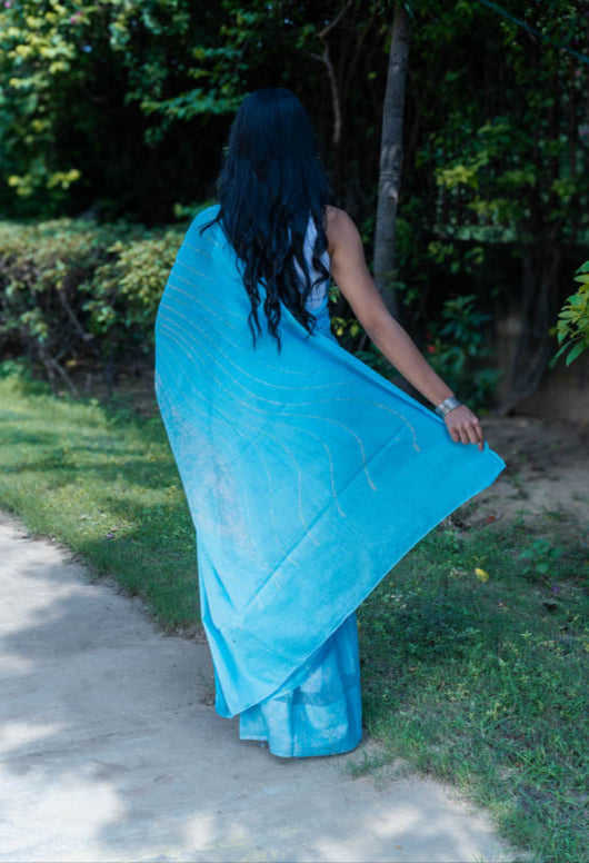 Sky Sorbet - Blue Batik Pure Mulmul Cotton Saree