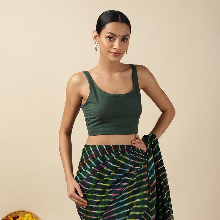 Dark Green Cotton Sleeveless Readymade Blouse with U neck