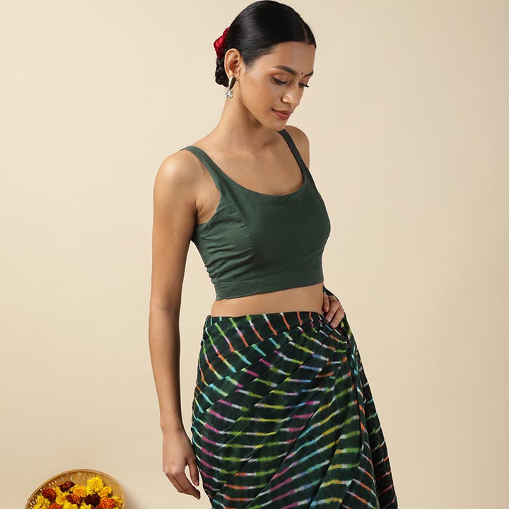 Dark Green Cotton Sleeveless Readymade Blouse with U neck