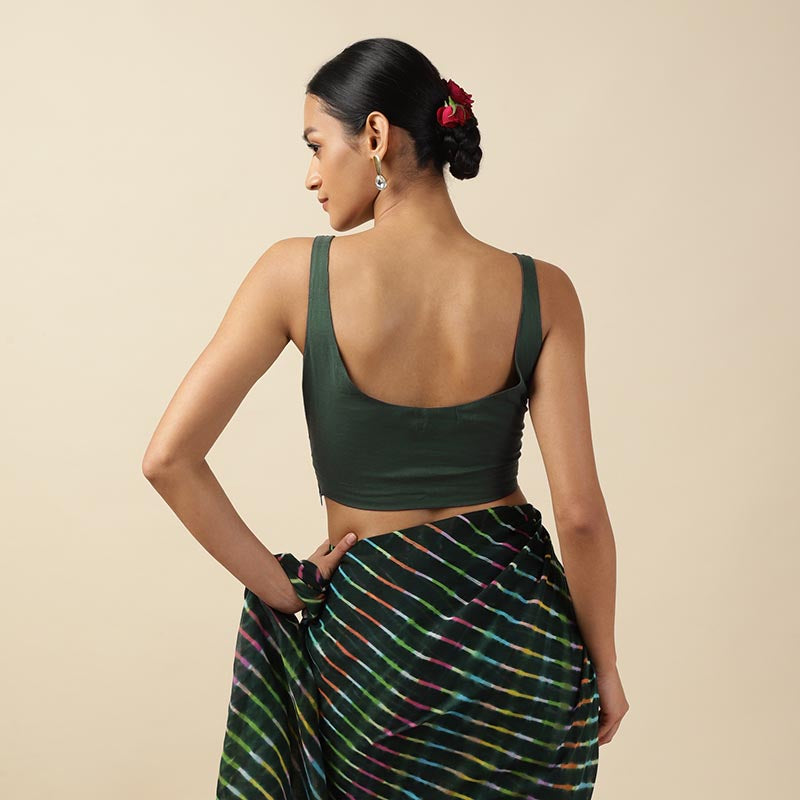 Dark Green Cotton Sleeveless Readymade Blouse with U neck