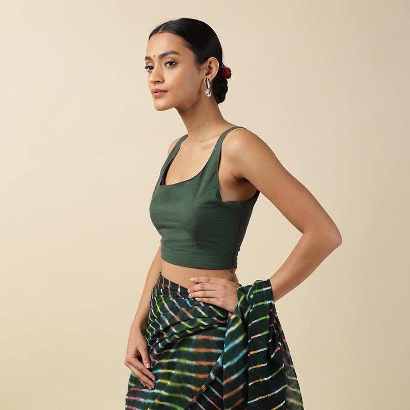 Dark Green Cotton Sleeveless Readymade Blouse with U neck
