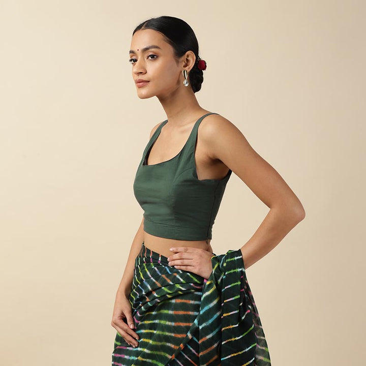 Dark Green Cotton Sleeveless Readymade Blouse with U neck