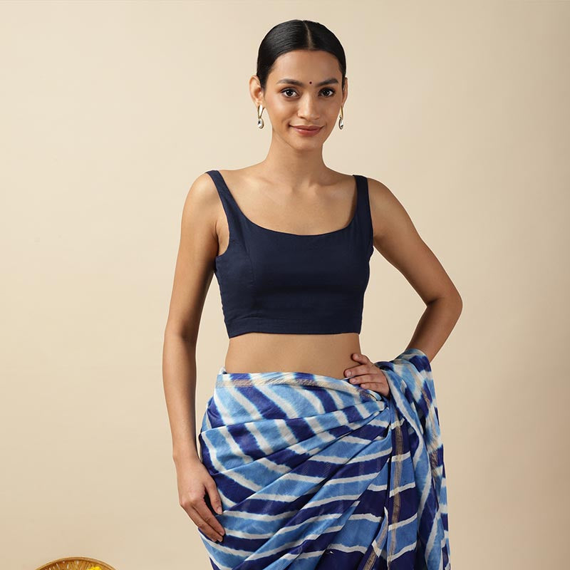 Dark Blue Cotton Sleeveless Readymade Blouse with U neck