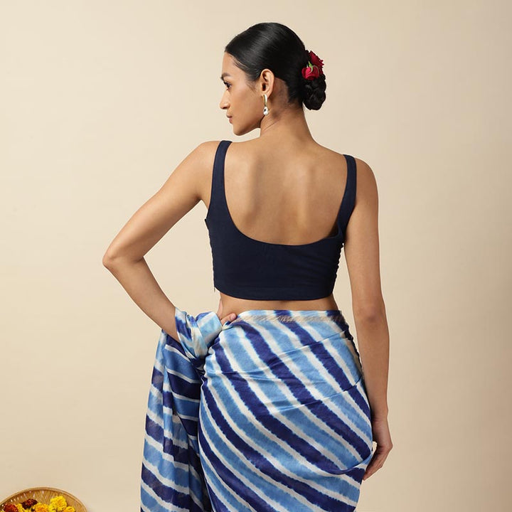 Dark Blue Cotton Sleeveless Readymade Blouse with U neck