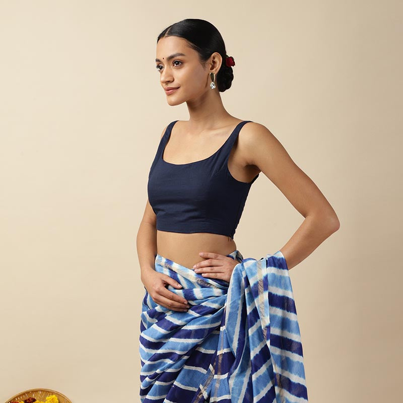 Dark Blue Cotton Sleeveless Readymade Blouse with U neck