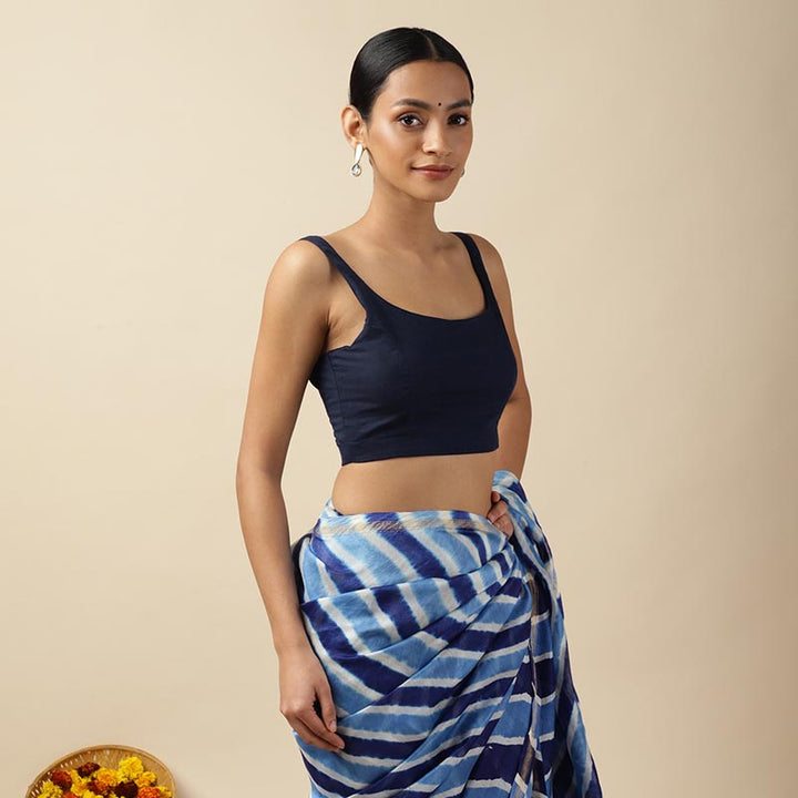 Dark Blue Cotton Sleeveless Readymade Blouse with U neck