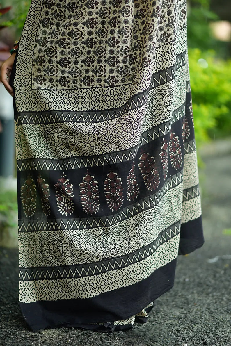 Desert Storm - Hand Block Print Mulmul Cotton Bagru Saree