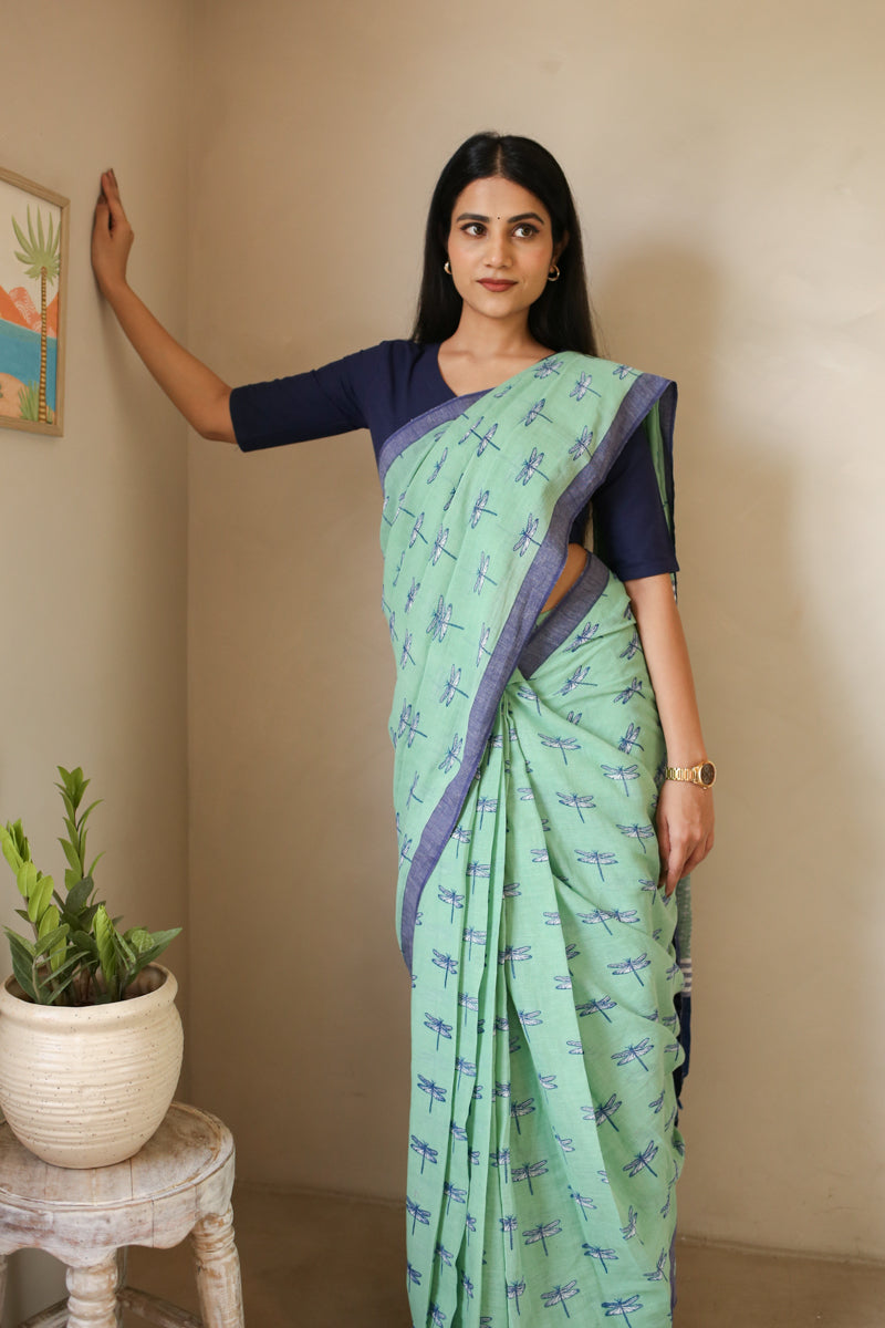 Dragonflies & Wind Handwoven Mulmul Cotton Printed Saree