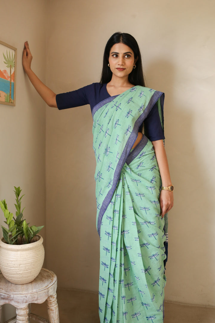 Dragonflies & Wind Handwoven Mulmul Cotton Printed Saree