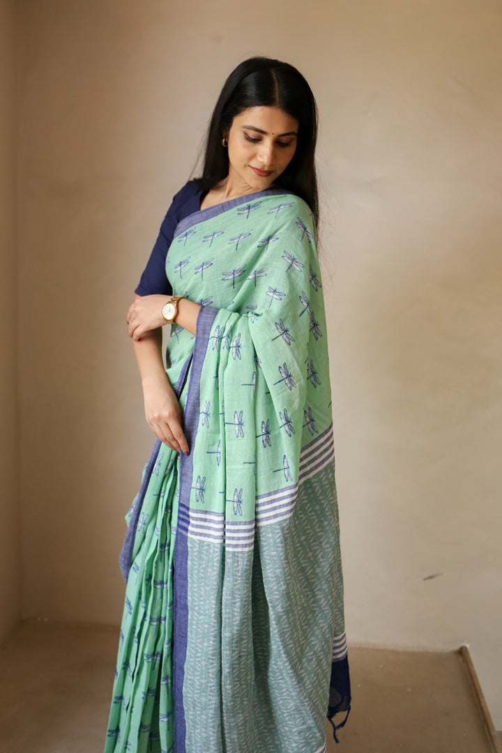 Dragonflies & Wind Handwoven Mulmul Cotton Printed Saree
