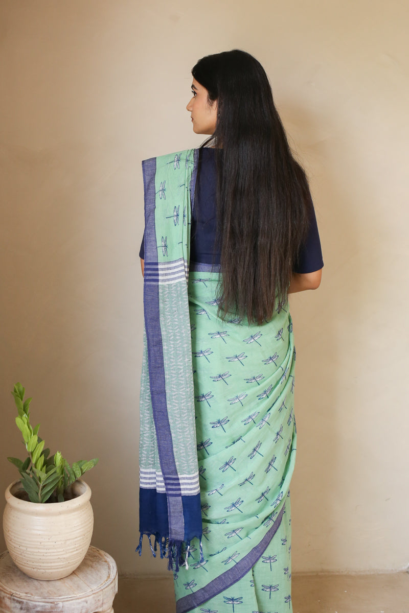 Dragonflies & Wind Handwoven Mulmul Cotton Printed Saree
