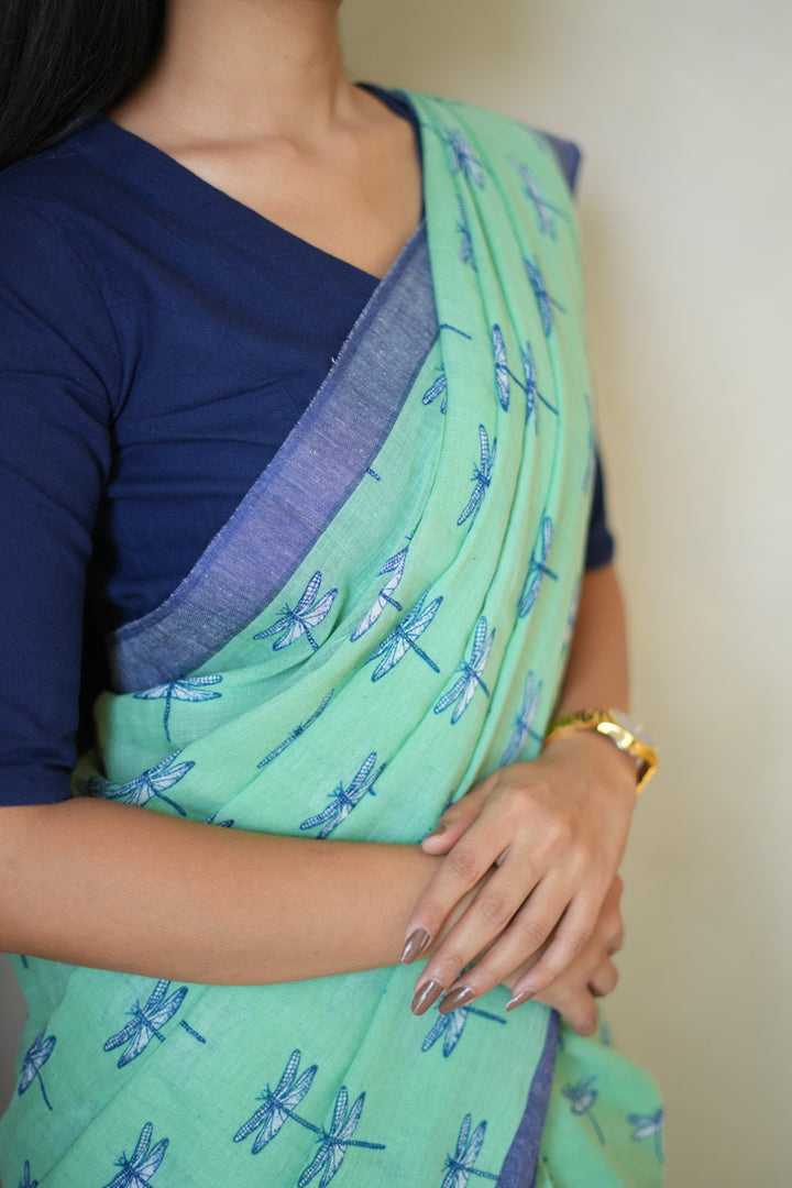 Dragonflies & Wind Handwoven Mulmul Cotton Printed Saree