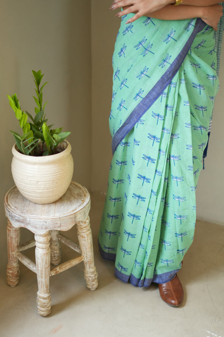 Dragonflies & Wind Handwoven Mulmul Cotton Printed Saree