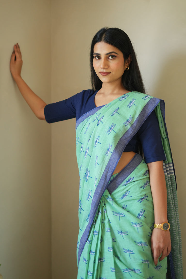 Dragonflies & Wind Handwoven Mulmul Cotton Printed Saree