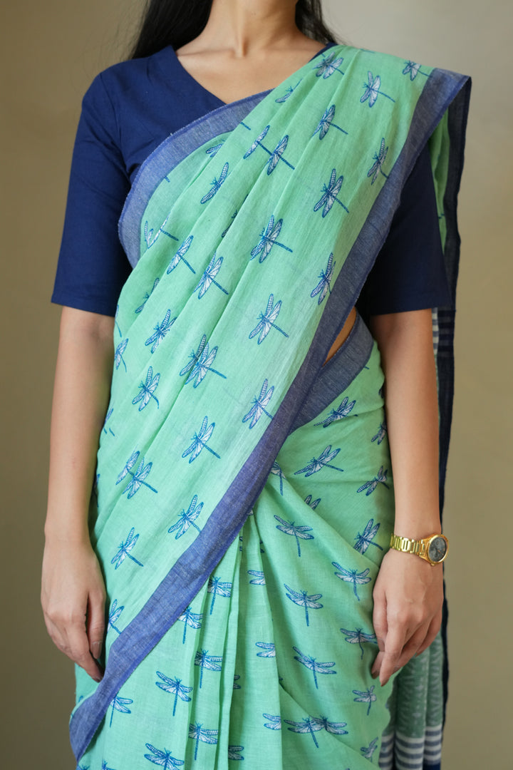 Dragonflies & Wind Handwoven Mulmul Cotton Printed Saree