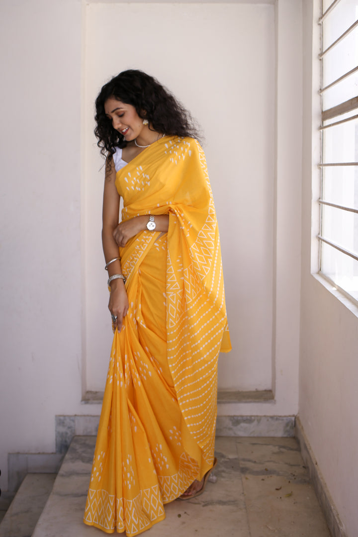 Drizzle in Backyard - Yellow Hand Block Print Mulmul Cotton Bagru Saree