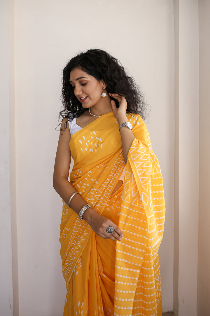 Drizzle in Backyard - Yellow Hand Block Print Mulmul Cotton Bagru Saree