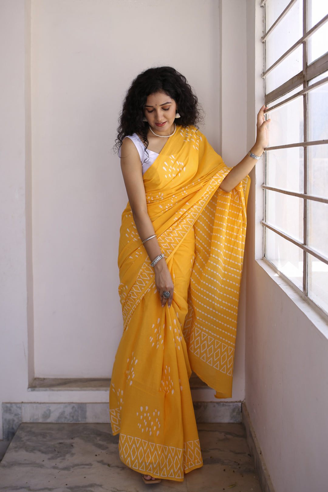 Drizzle in Backyard - Yellow Hand Block Print Mulmul Cotton Bagru Saree