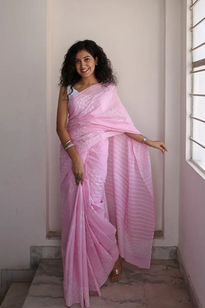 Drizzle in Backyard - Pink Hand Block Print Mulmul Cotton Bagru Saree