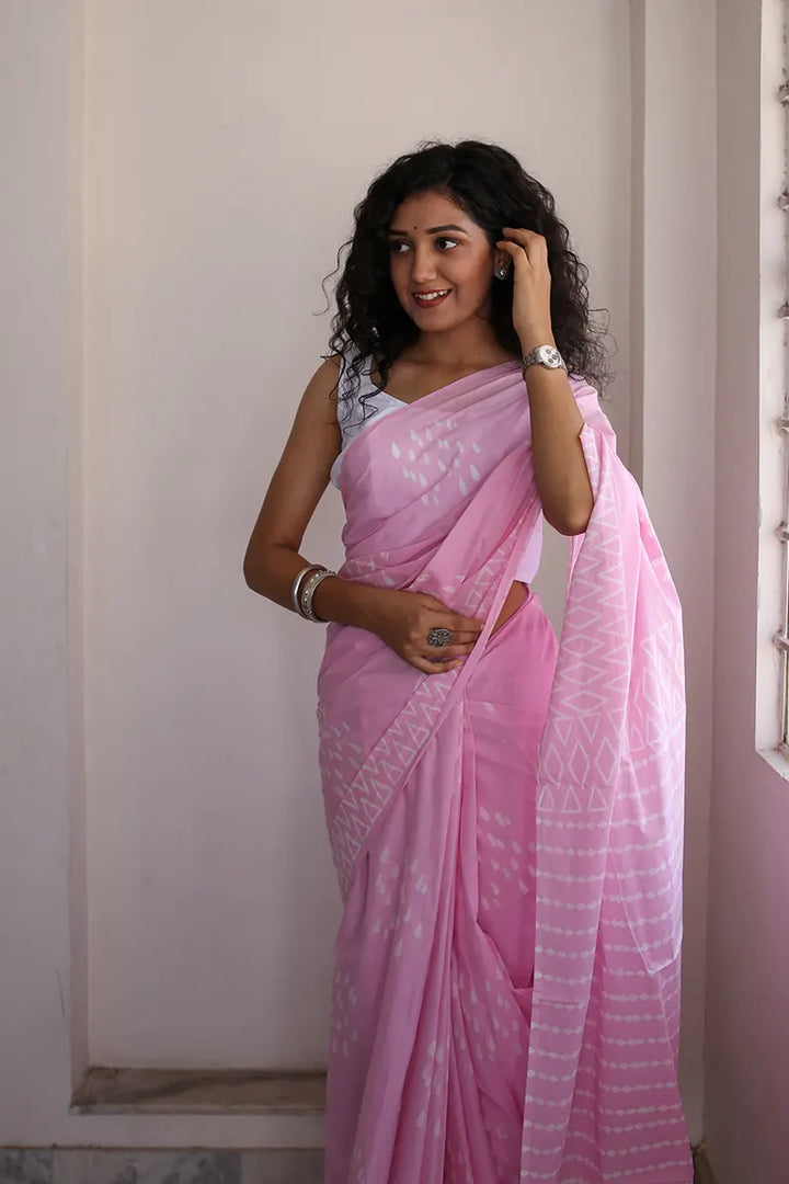 Drizzle in Backyard - Pink Hand Block Print Mulmul Cotton Bagru Saree