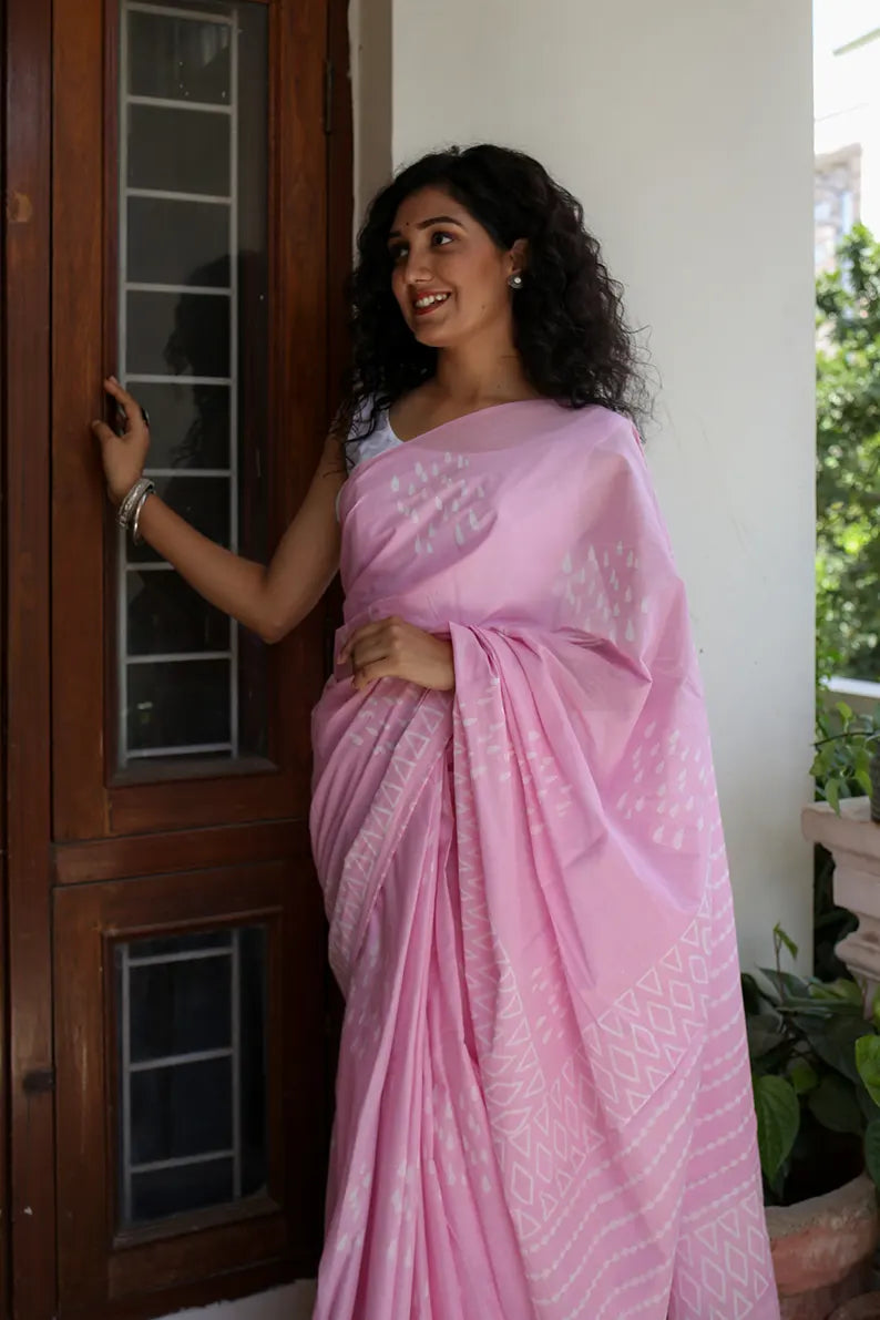 Drizzle in Backyard - Pink Hand Block Print Mulmul Cotton Bagru Saree