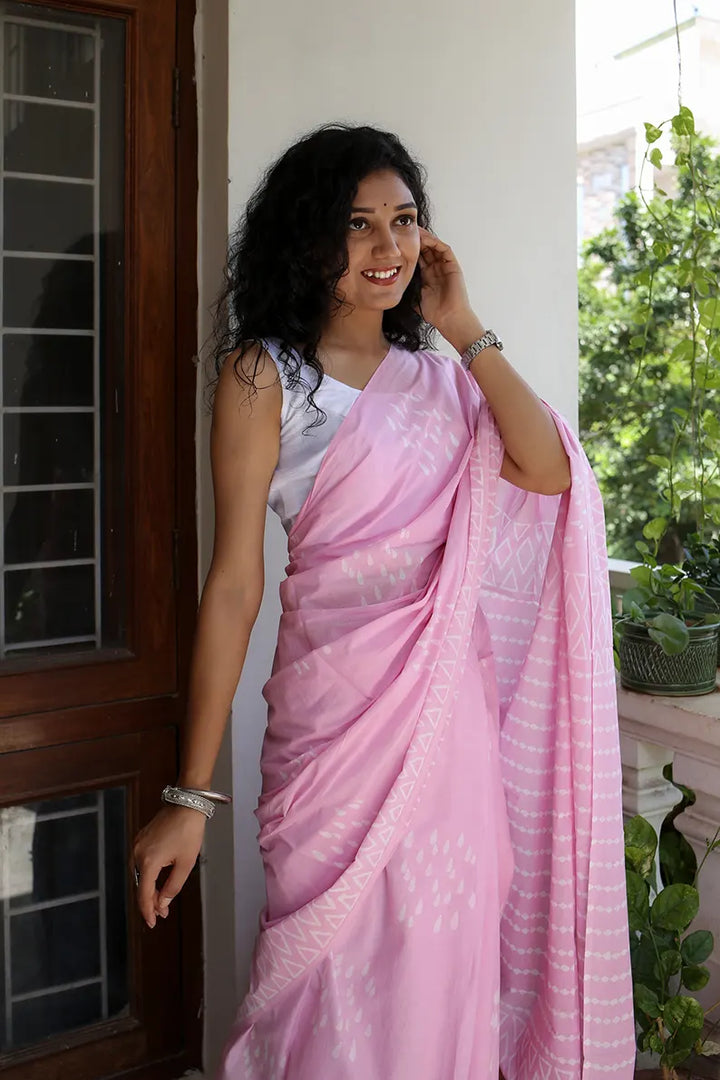 Drizzle in Backyard - Pink Hand Block Print Mulmul Cotton Bagru Saree