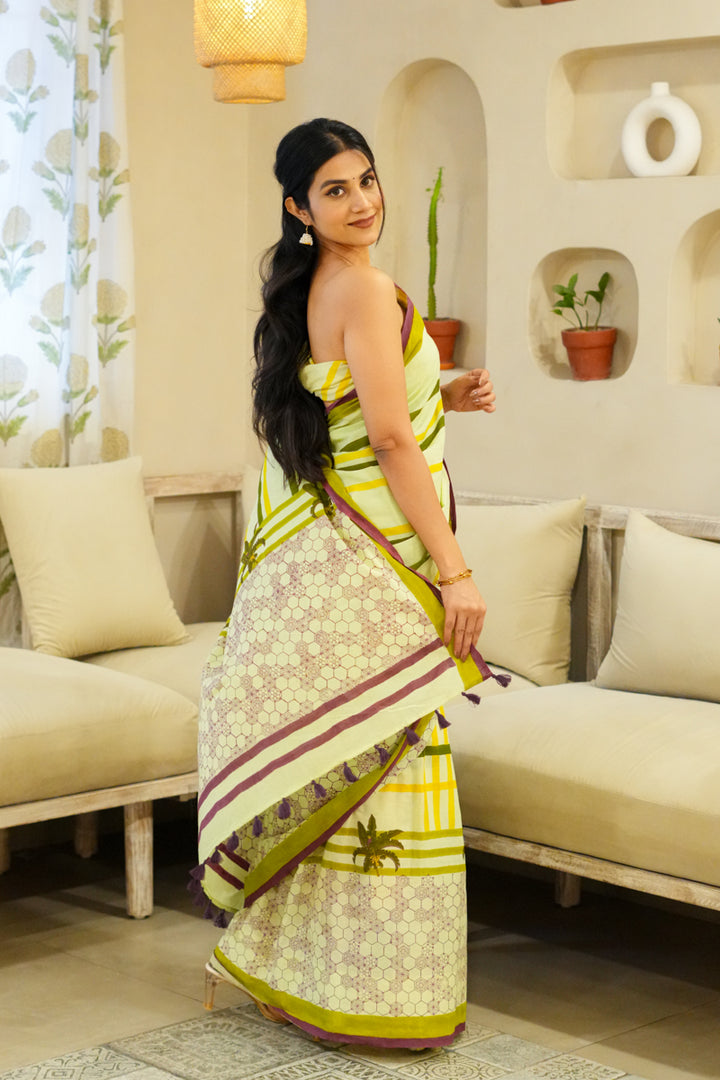 Echoes of Green Hand Block Print Mulmul Cotton Saree