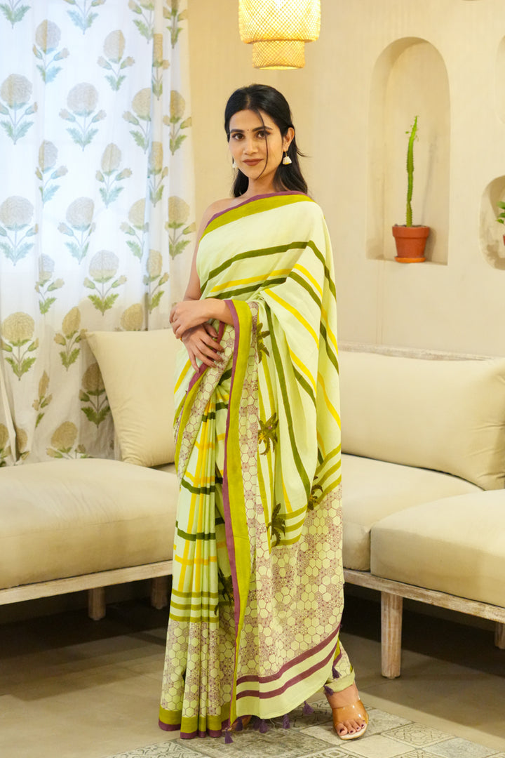 Echoes of Green Hand Block Print Mulmul Cotton Saree