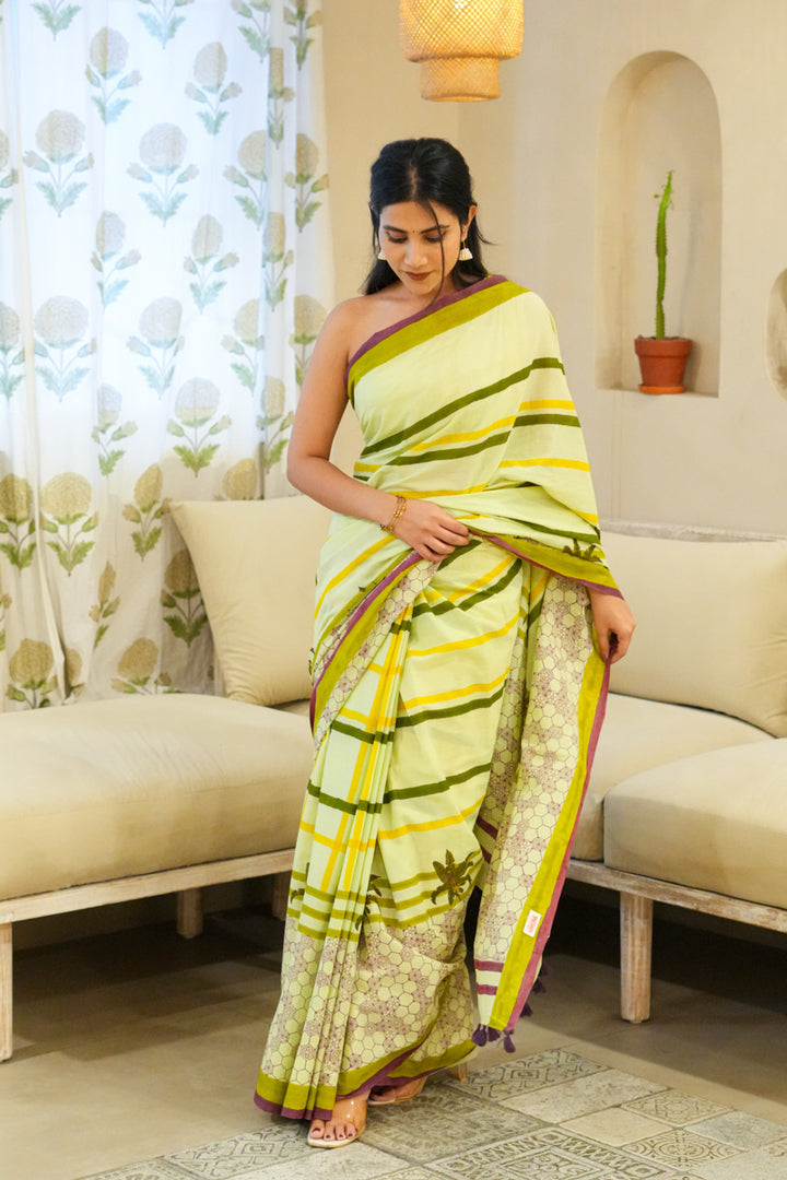 Echoes of Green Hand Block Print Mulmul Cotton Saree