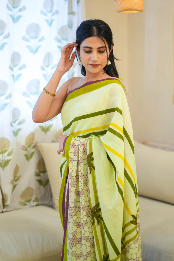 Echoes of Green Hand Block Print Mulmul Cotton Saree