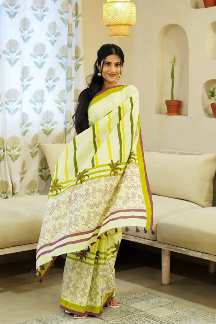Echoes of Green Hand Block Print Mulmul Cotton Saree