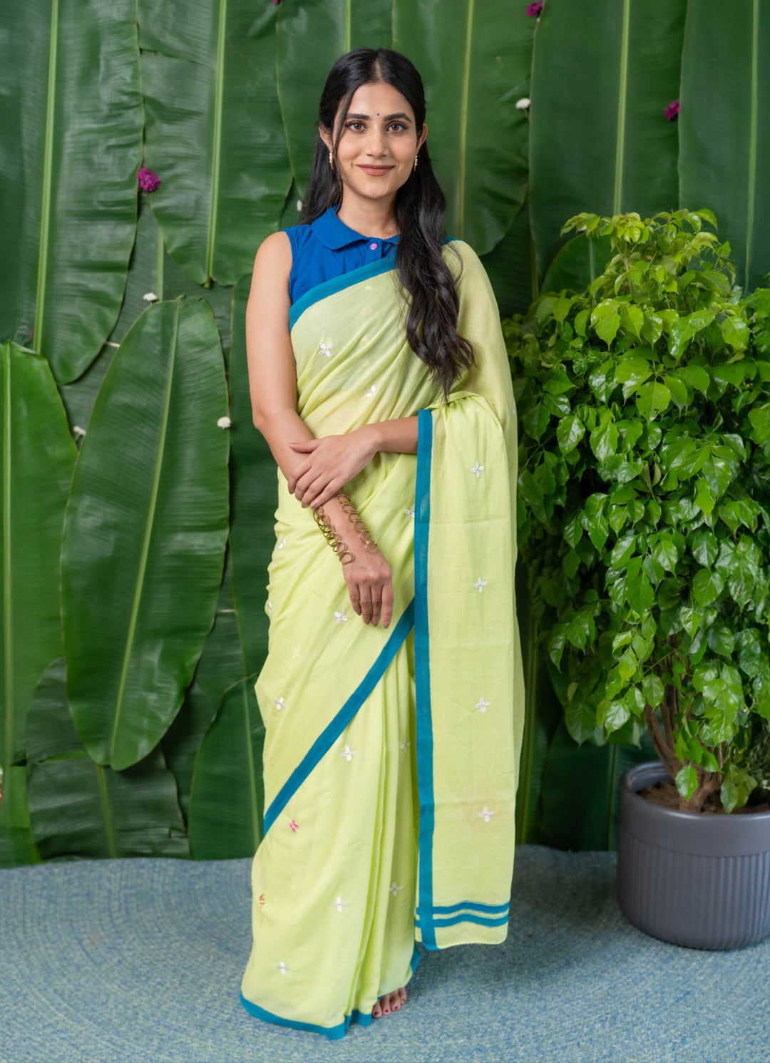 Lime Blossom Embroidered Mulmul Cotton Saree