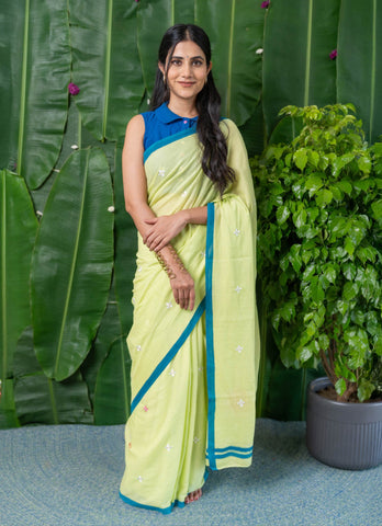 Lime Blossom Embroidered Mulmul Cotton Saree