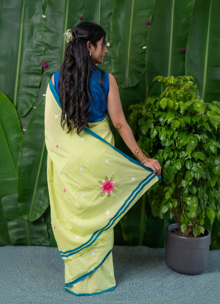 Lime Blossom Embroidered Mulmul Cotton Saree