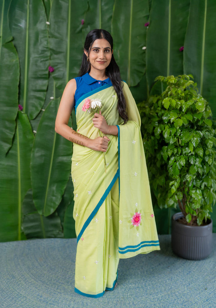 Lime Blossom Embroidered Mulmul Cotton Saree