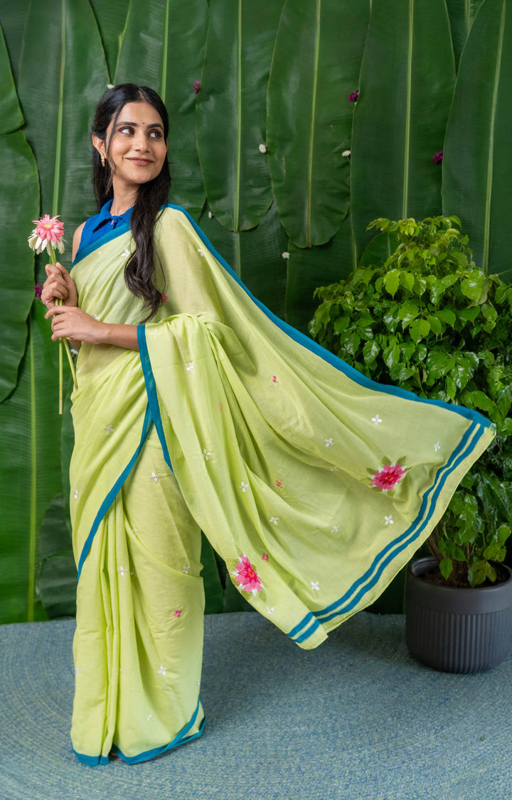 Lime Blossom Embroidered Mulmul Cotton Saree