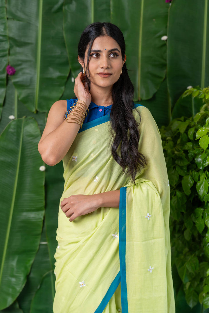 Lime Blossom Embroidered Mulmul Cotton Saree