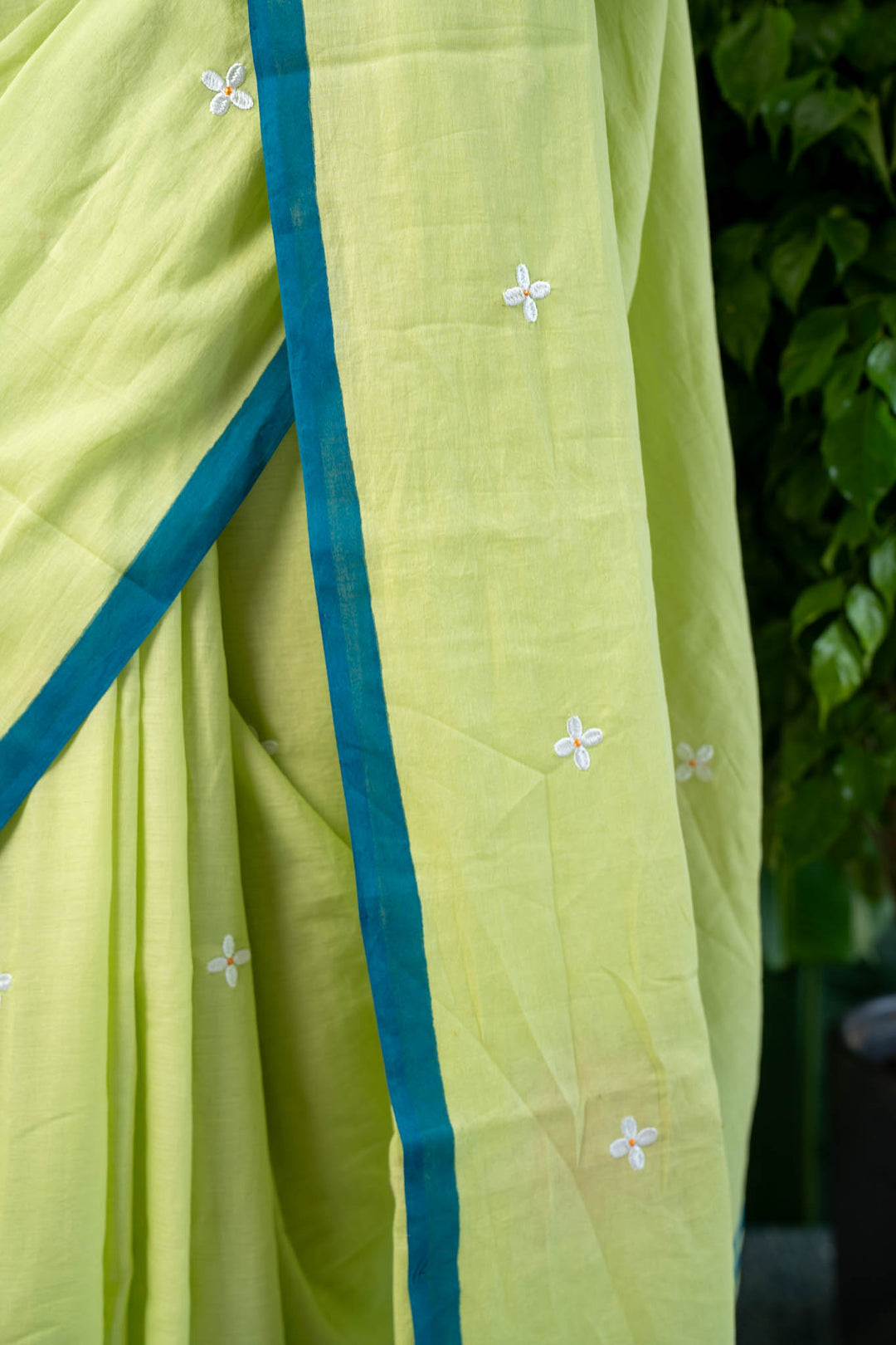 Lime Blossom Embroidered Mulmul Cotton Saree