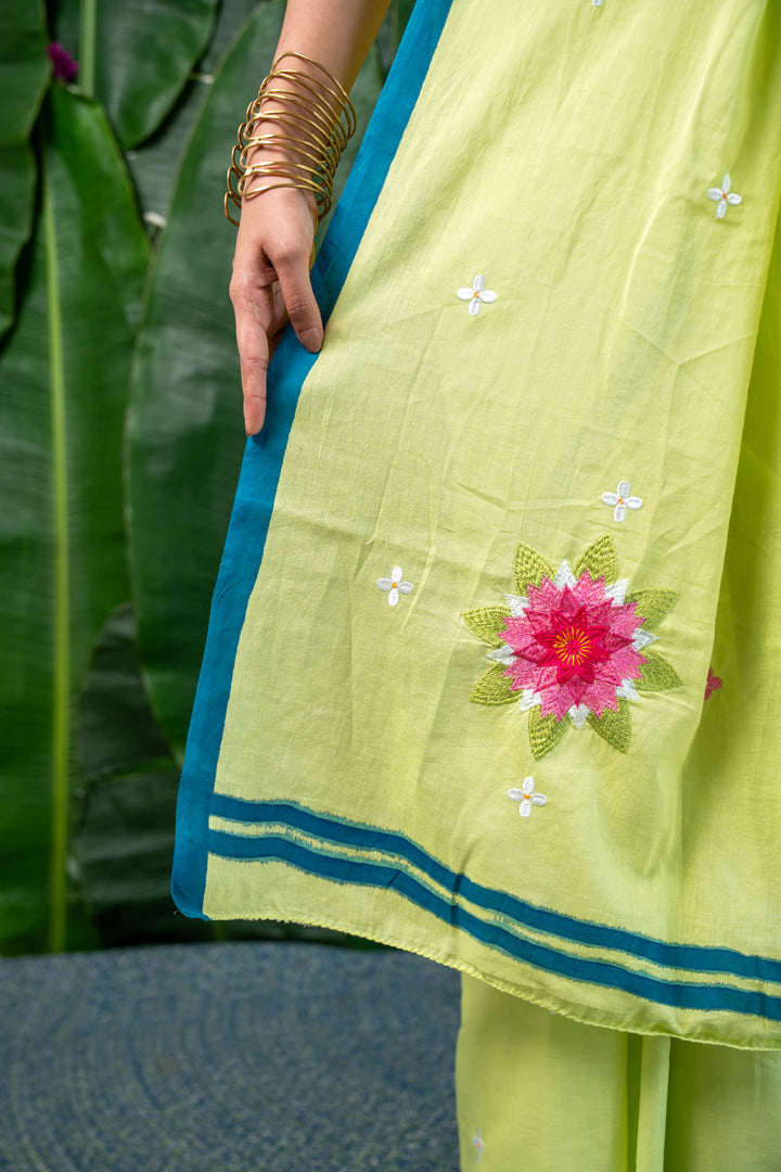Lime Blossom Embroidered Mulmul Cotton Saree