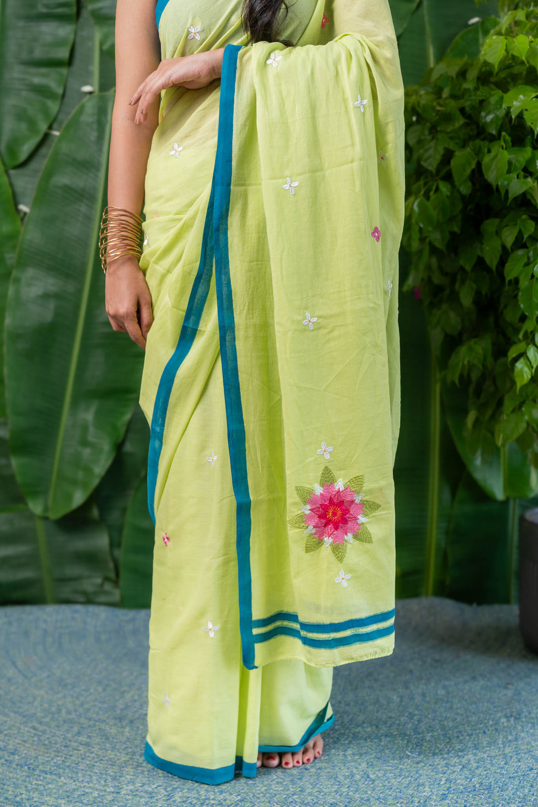 Lime Blossom Embroidered Mulmul Cotton Saree