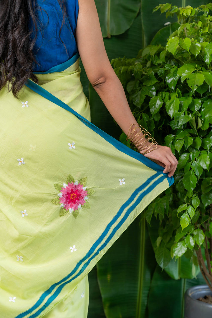 Lime Blossom Embroidered Mulmul Cotton Saree