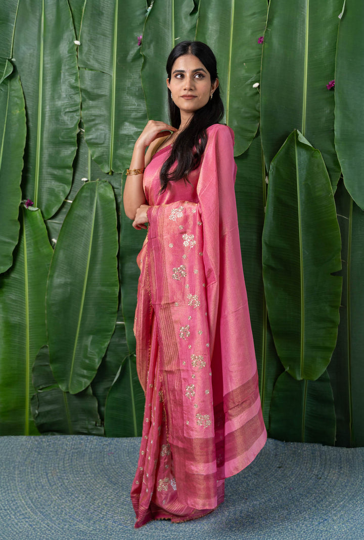 Pink Blossom Zari Embroidered Tissue Saree