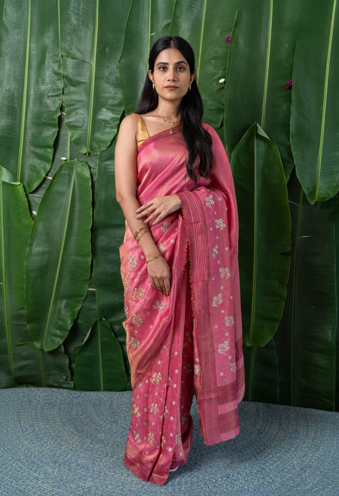 Pink Blossom Zari Embroidered Tissue Saree