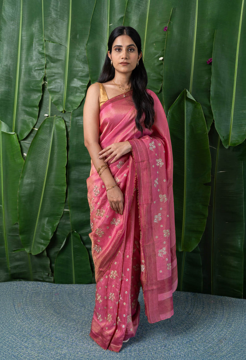 Pink Blossom Zari Embroidered Tissue Saree