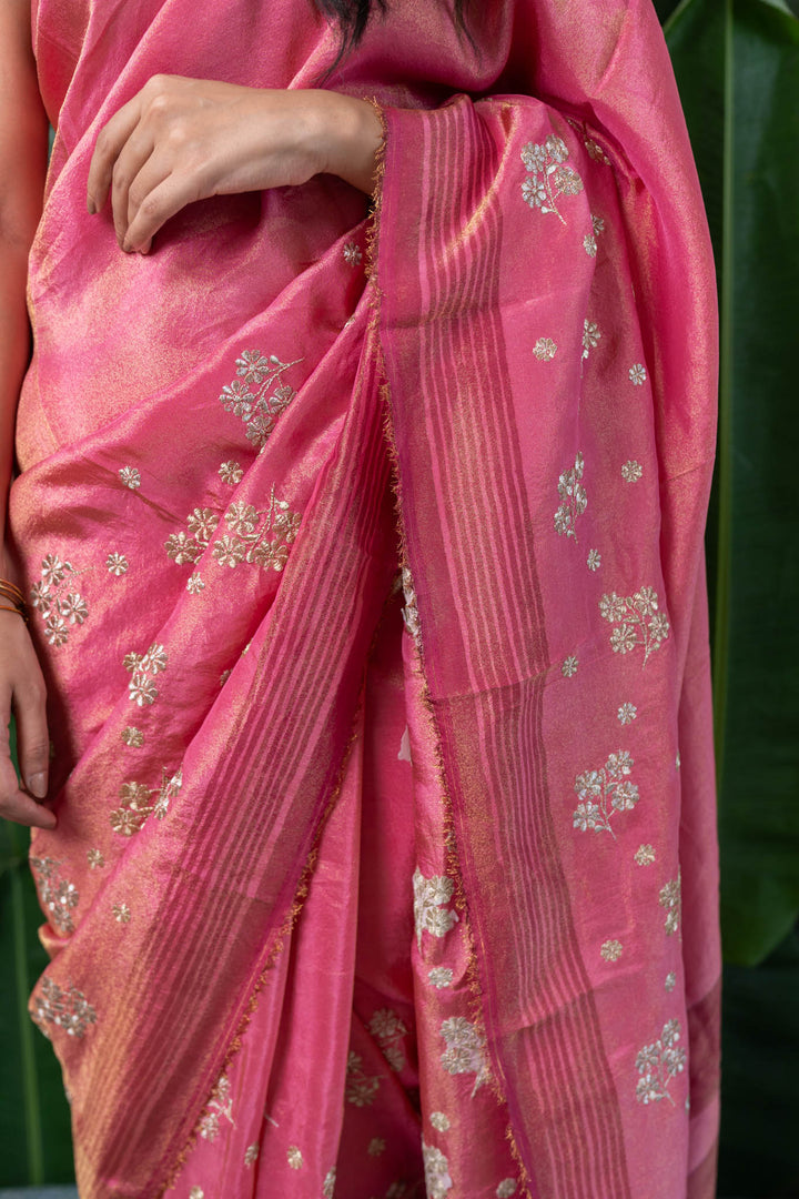 Pink Blossom Zari Embroidered Tissue Saree
