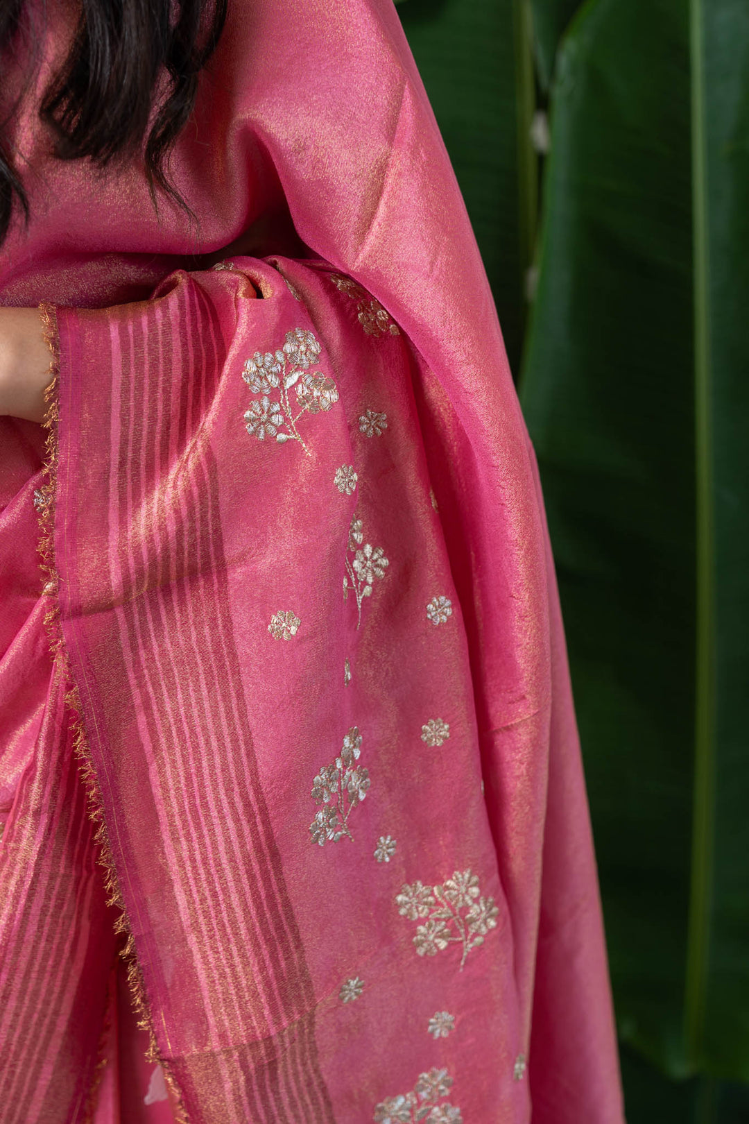 Pink Blossom Zari Embroidered Tissue Saree