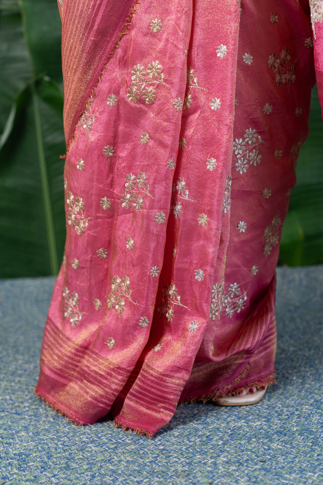 Pink Blossom Zari Embroidered Tissue Saree